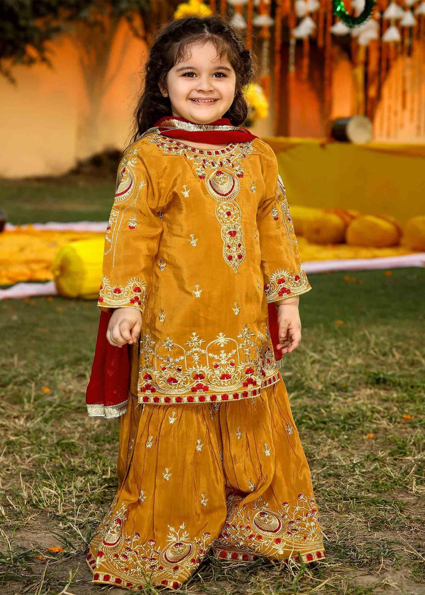 Akhrot Shaadi Collection Mustard Maroon Sharara Suit Kids