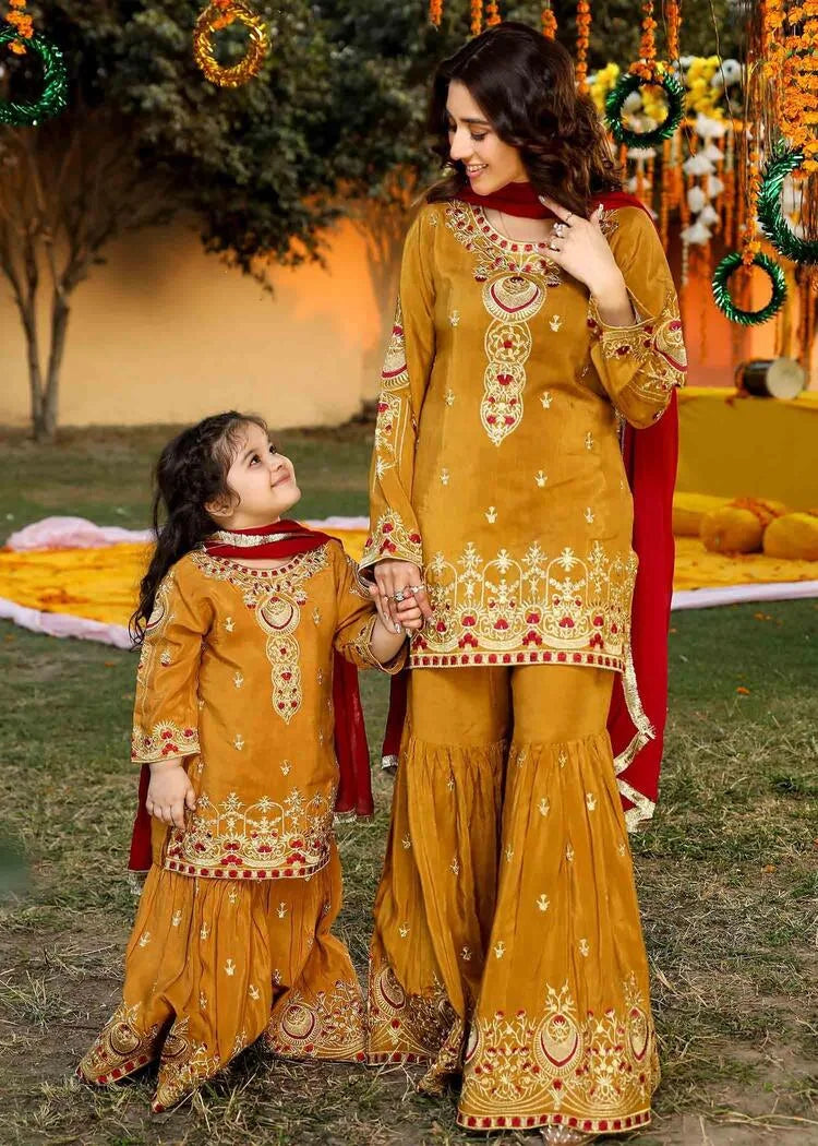 Mustard Maroon Gharara Suit Mom & Me