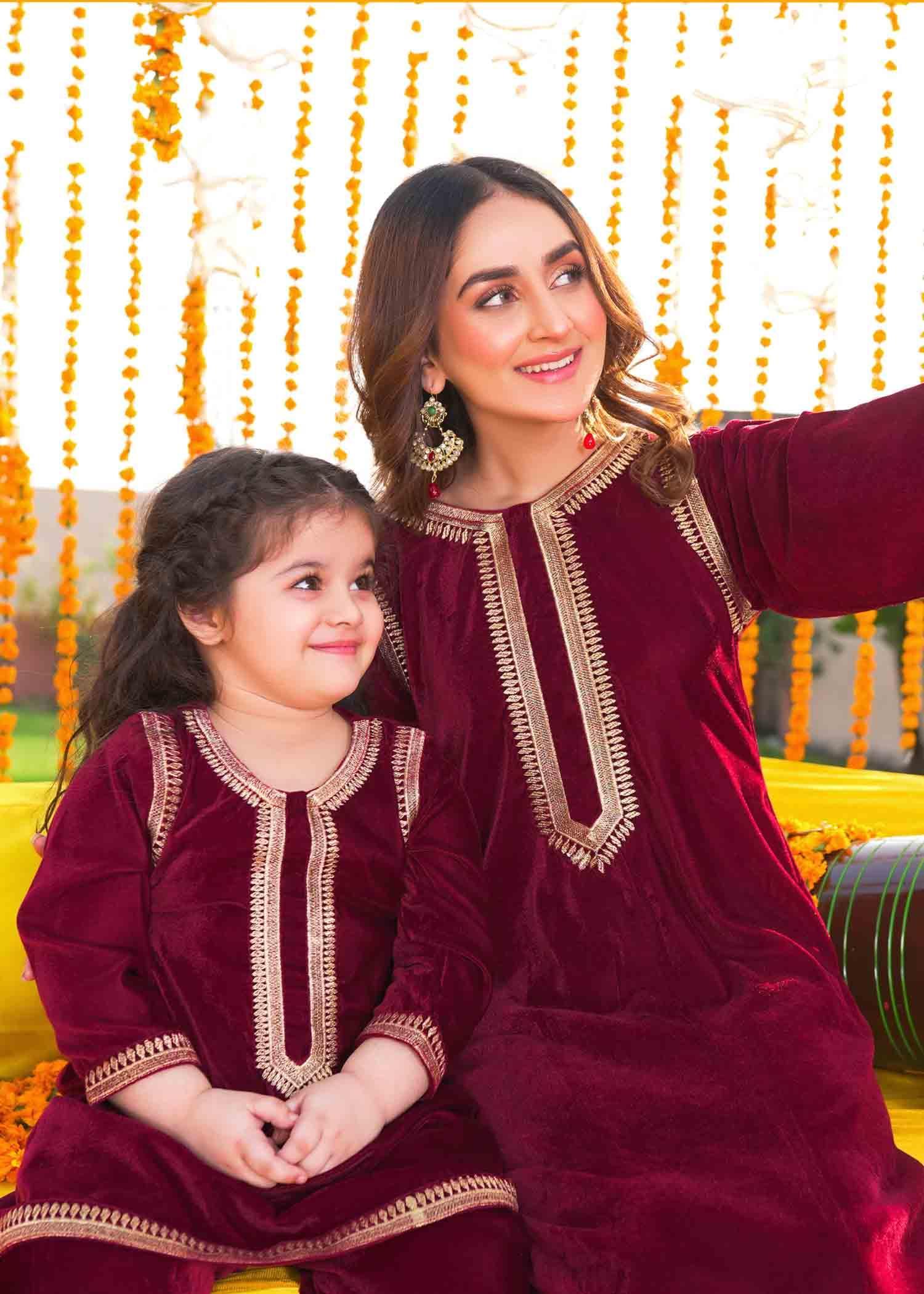 Maroon Velvet Shalwar Kameez Kids - Womaniah