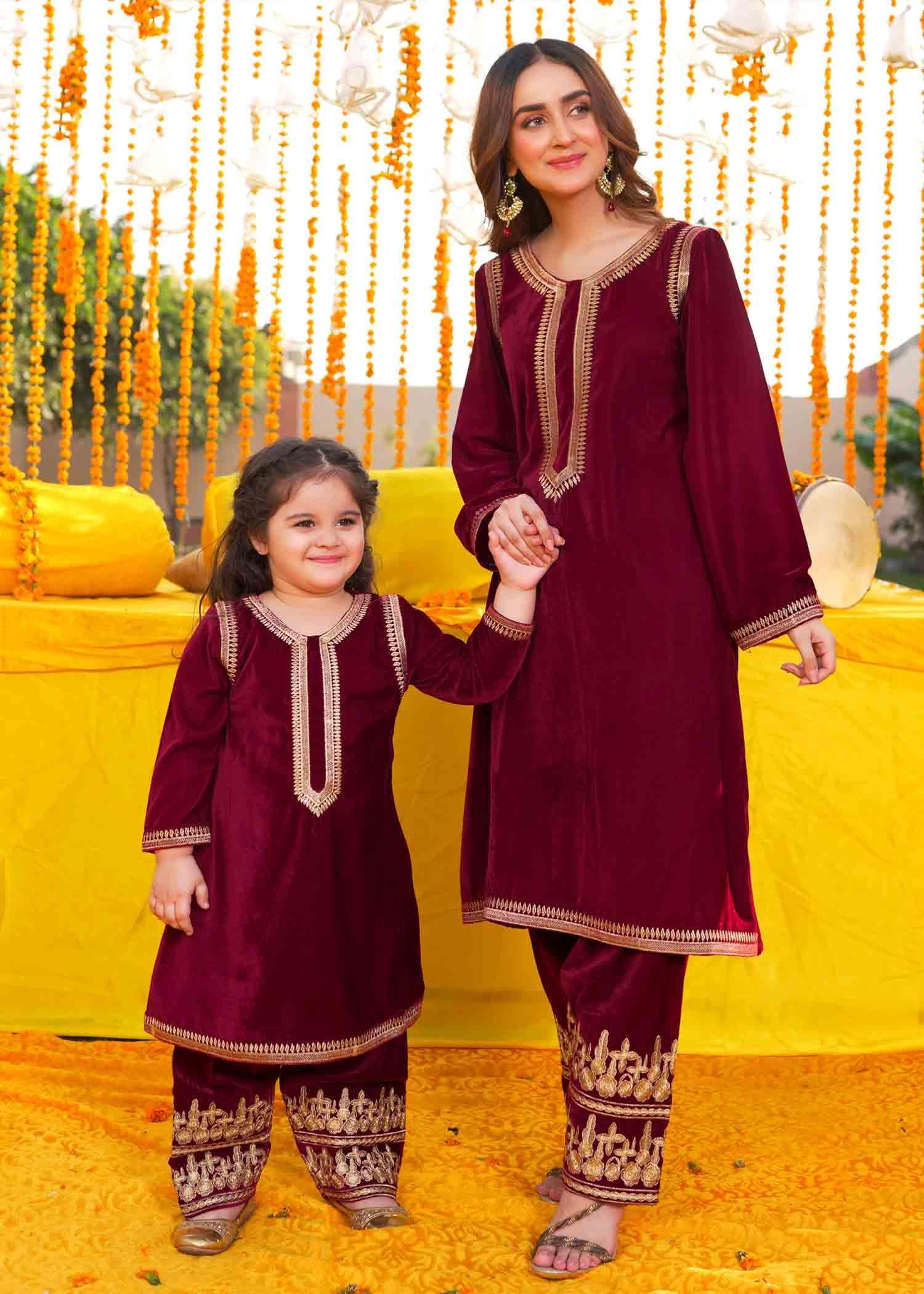 Maroon Velvet Shalwar Kameez Kids - Womaniah