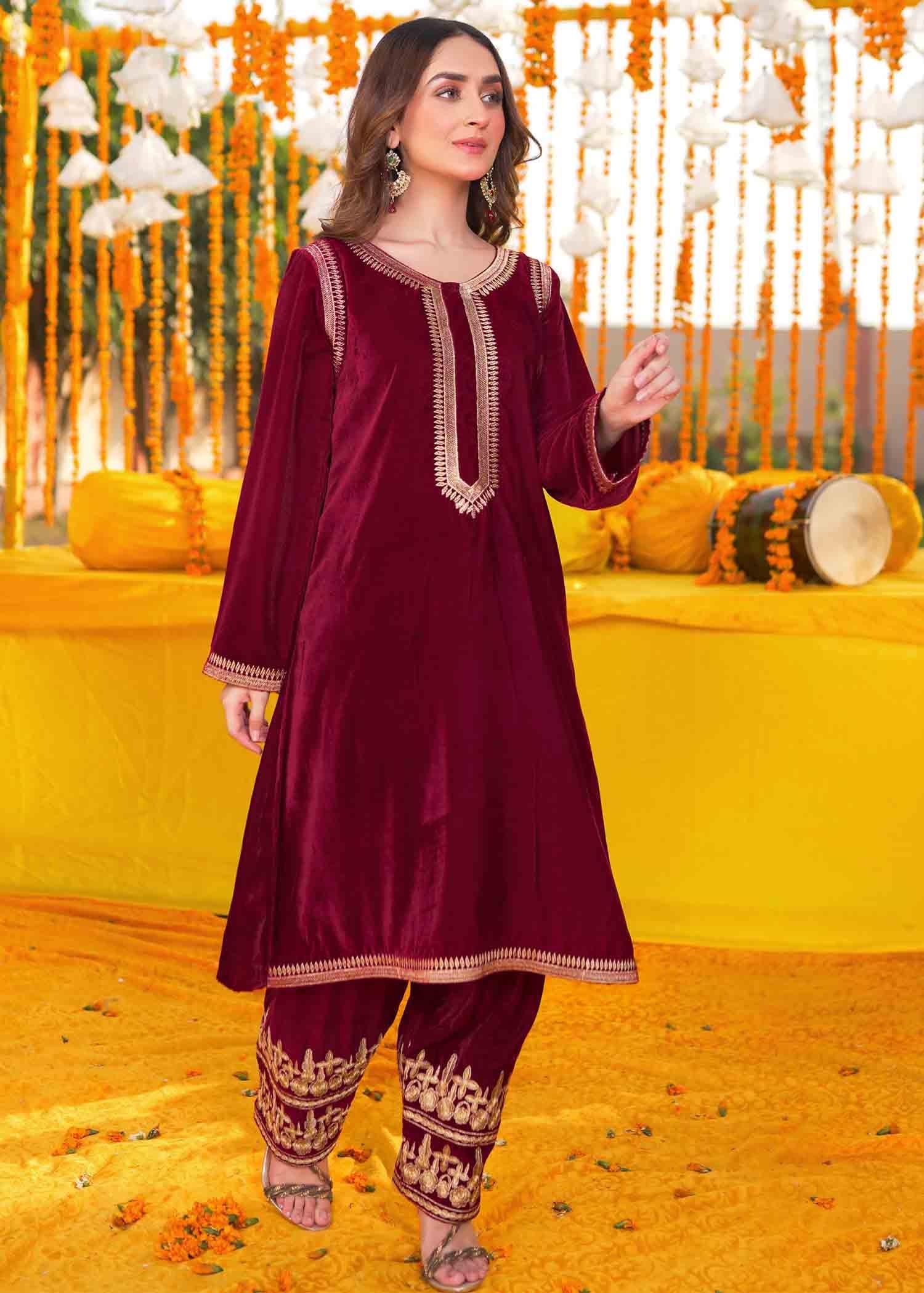 Maroon Velvet Shalwar Kameez Kids - Womaniah