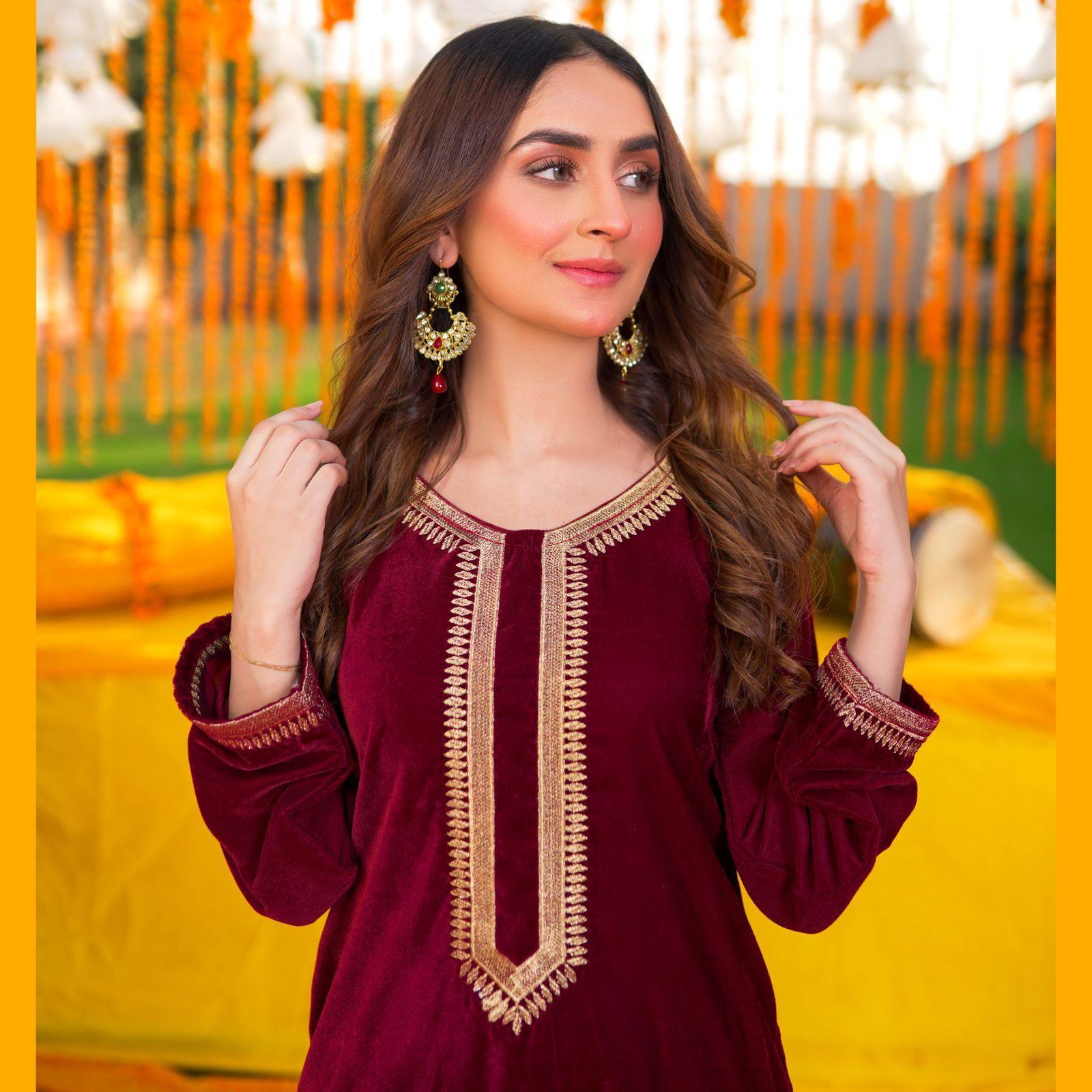 Maroon Velvet Shalwar Kameez Kids - Womaniah