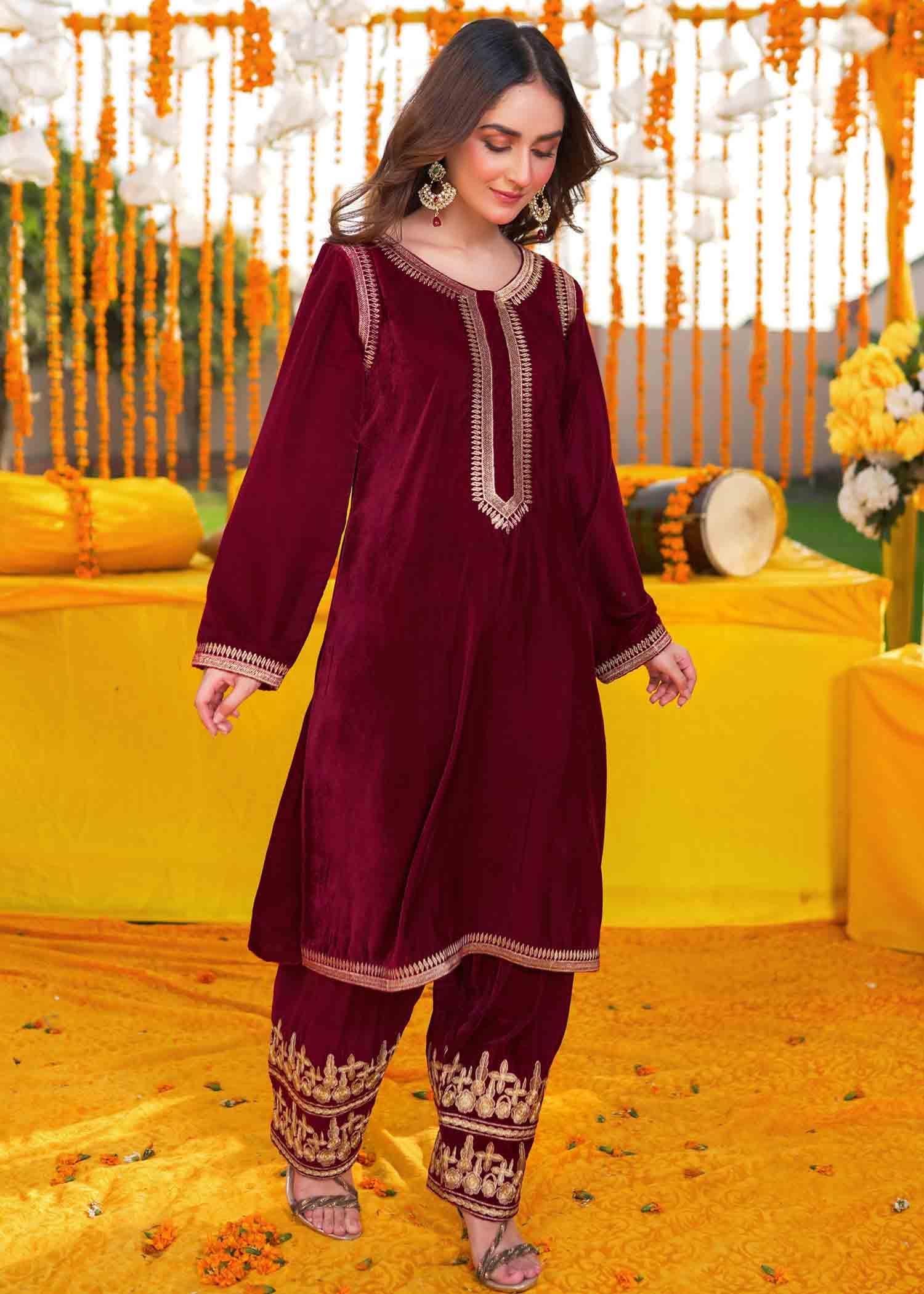 Maroon Velvet Shalwar Kameez Kids - Womaniah